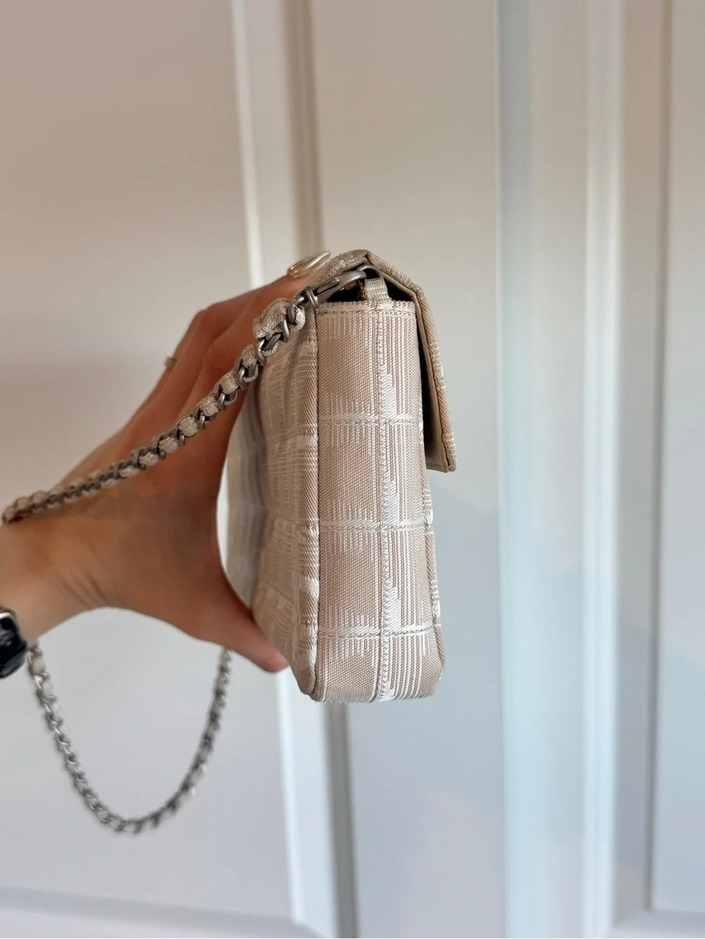 CHANEL Cream East West Flap Shoulder Bag with Silver Hardware
